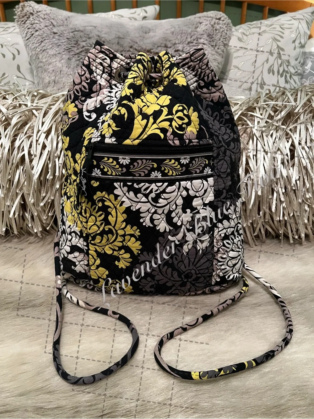 VERA BRADLEY Baroque 2010 Drawstring Zipper Front Backpack Y2K Black Yellow Flor